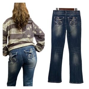 Vintage Revolt Flap Back Rhinestone Sequin Embroidered Pocket Jeans Blue